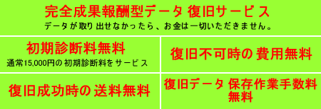 成果報酬型　初期診断料無料　復旧不可時費用無料　復旧成功時送料無料　保存作業手数料無料